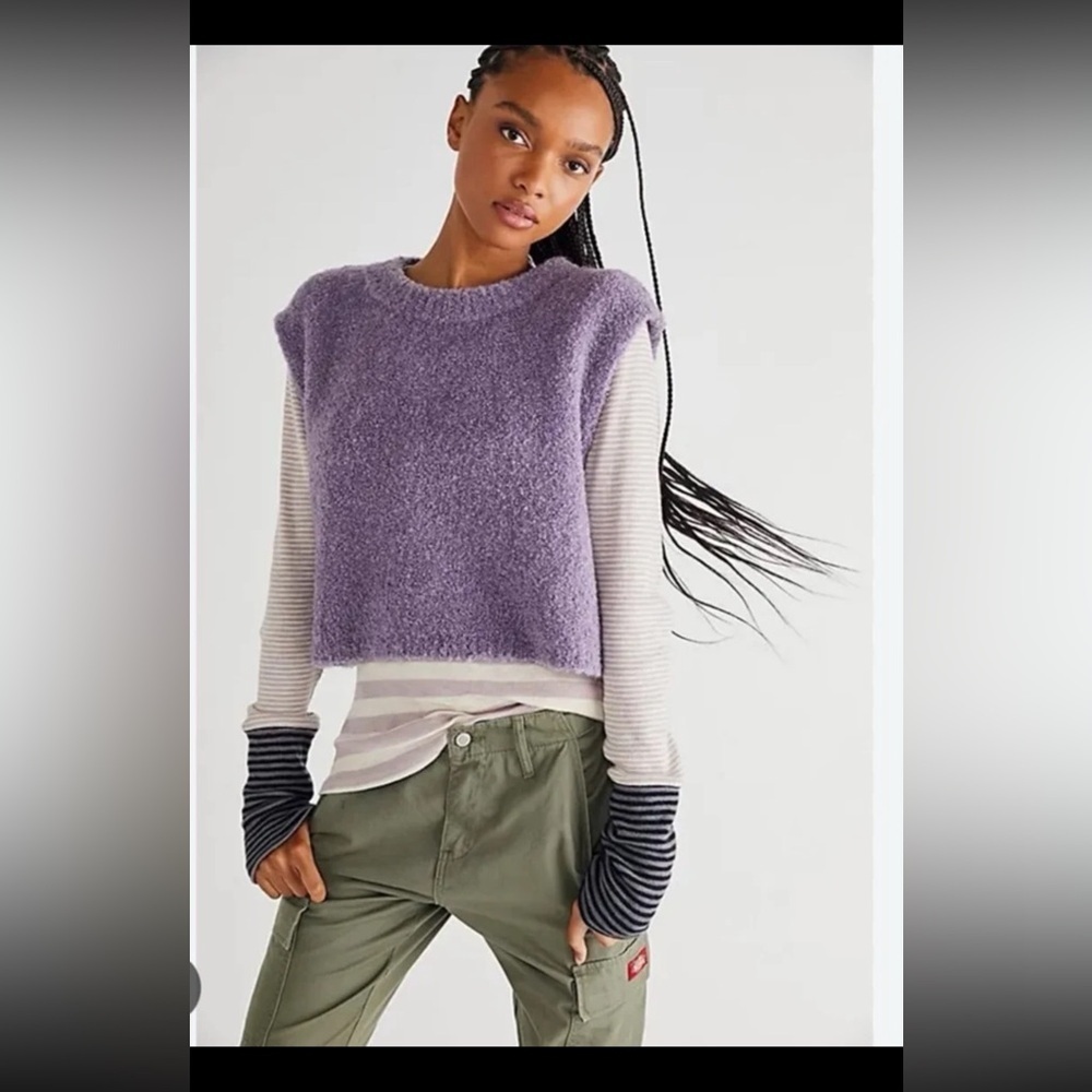 Free People Margot Violet Lily Combo Plush Knit Vest Women's Size Large - Picture 4 of 12
